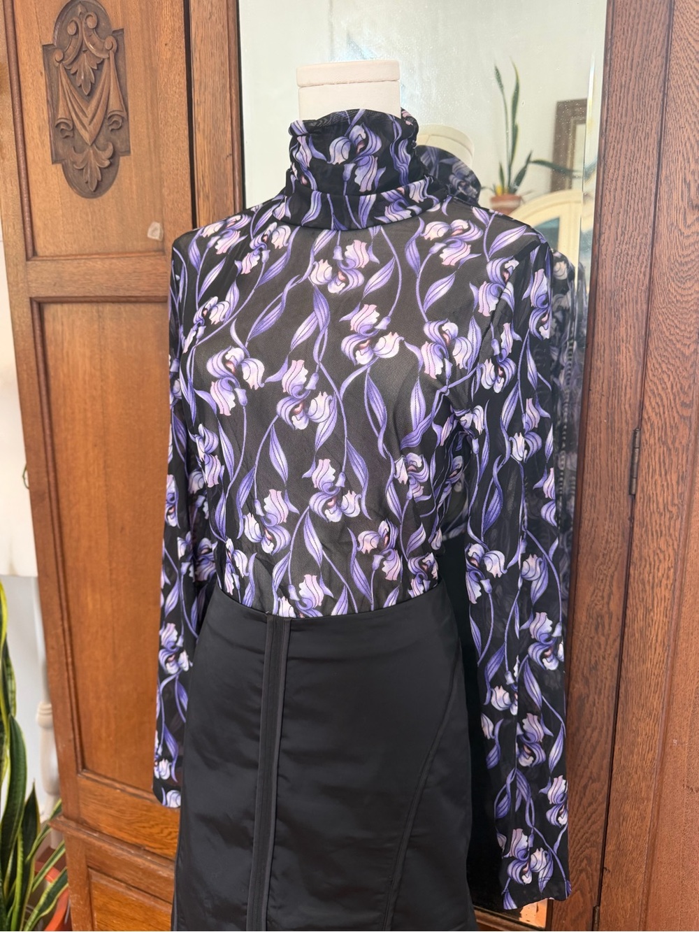 WHBM Black Purple Floral Mesh Turtleneck S Whimsigoth Romantic Goth Y2K